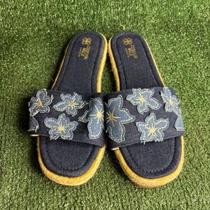 NEW Cushion Walk by Avon Denim Floral Espadrille Slide Sandal Blue Women Size 10